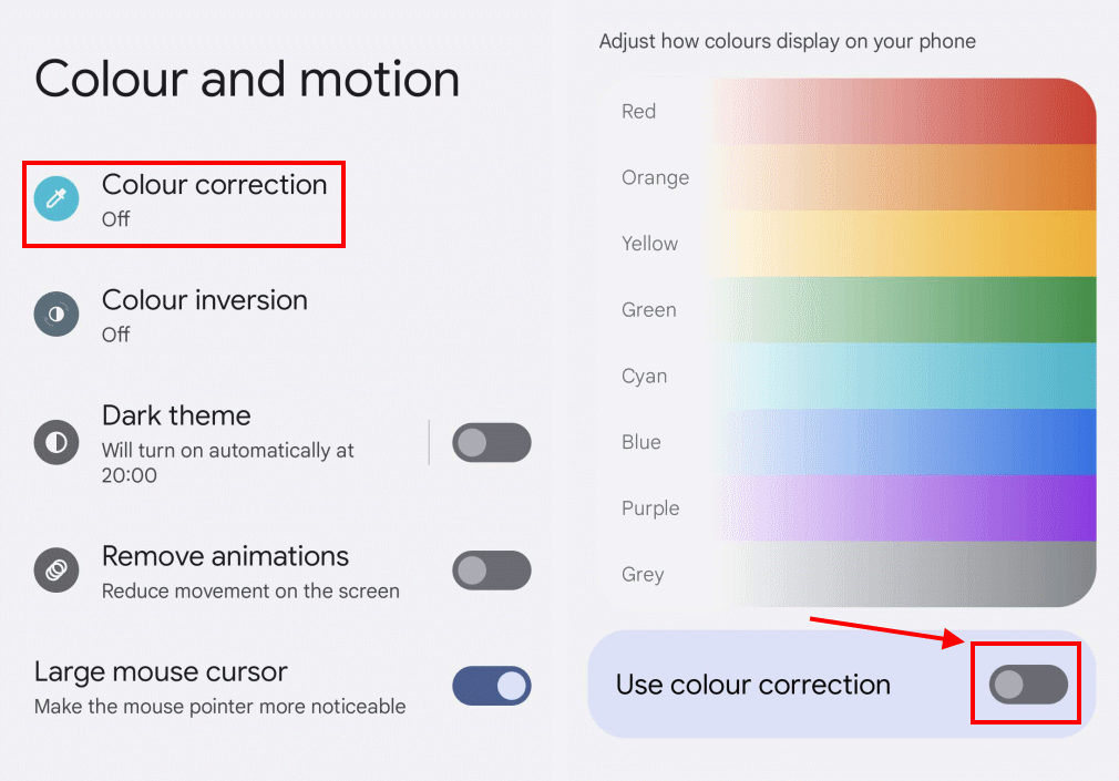 Tap Colour correction then the toggle switch for Use colour correction